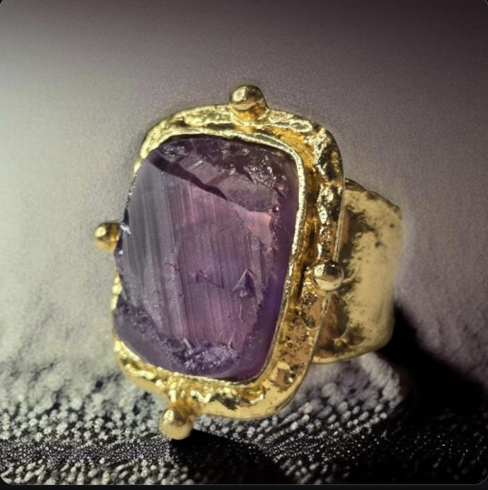 18k Gold Plated Genuine Raw Amethyst Chunky Byzantine Statement Ring